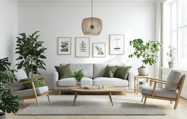 Minimalist Scandinavian living room with a grey sofa, armchair, and coffee table against a white wall
