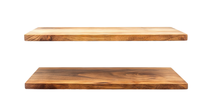 Two wooden planks used as shelves, isolated on transparent cutout background