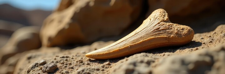 Naklejka premium Fossilized Spinosaurus tooth against a wooden surface with geological context, wooden surface, sedimentary rock