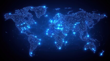 Global network connections, glowing world map, digital technology, dark background, website banner