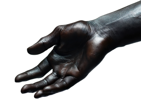 Outstretched hand of African American man, isolated on transparent cutout background