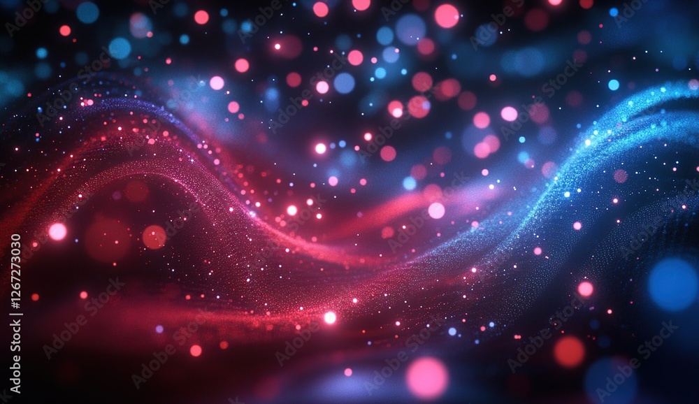 Poster abstract red and blue particle waves flowing dynamically with glowing lights, creating a mesmerizing