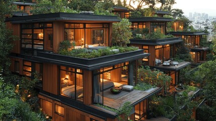 Hillside eco-resort villas, twilight view, city backdrop, luxury getaway