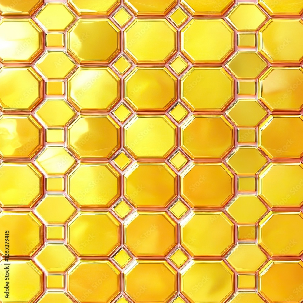 Poster a vibrant, geometric pattern featuring glossy yellow hexagons and octagons, creating a visually stri