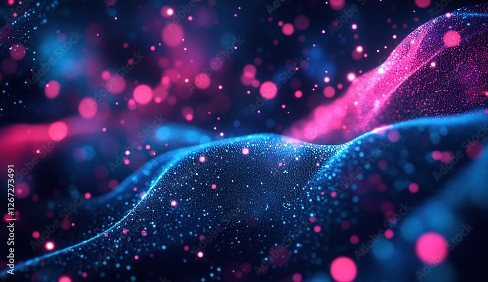 Poster abstract glowing particle waves flow dynamically in neon colors, creating a vivid and energetic visu