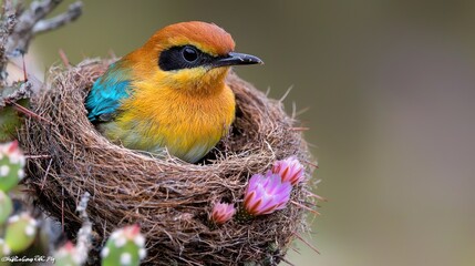 Obraz premium Colorful bird in nest, cactus background, wildlife