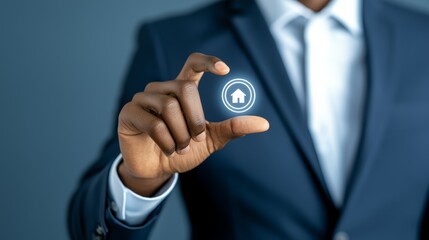 Businessman in suit activates digital innovation by pushing futuristic button, symbol of technological advancement and strategic decisionmaking in the modern corporate world