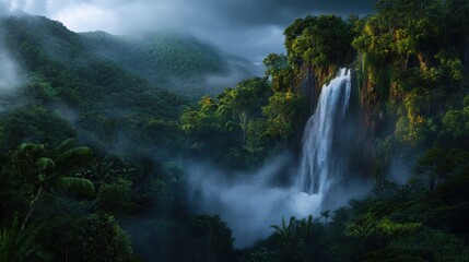 A waterfall surrounded by lush greenery, mist rising, realistic nature scene,