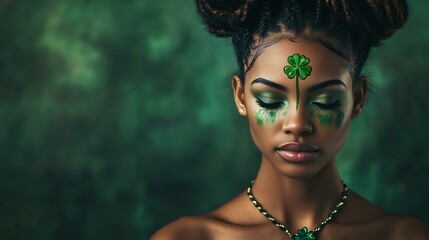 Black woman with braided updo, green face paint, and a clover necklace