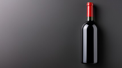 A sleek red wine bottle rests on a dark surface, showcasing its elegant design and rich color.