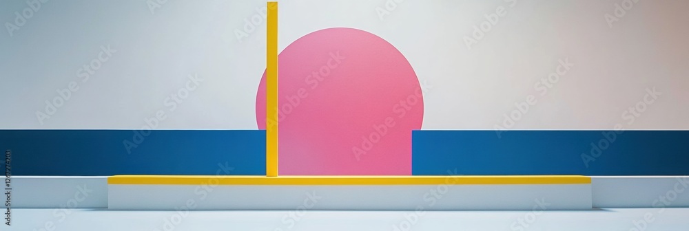 Fototapete Colorful geometric shapes create an abstract coastal scene with a sunrise effect in a minimalist setting. Generative AI