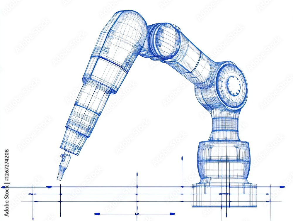 Aufkleber a blueprint-style illustration of a robotic arm, designed for precision tasks, showcasing its mechan