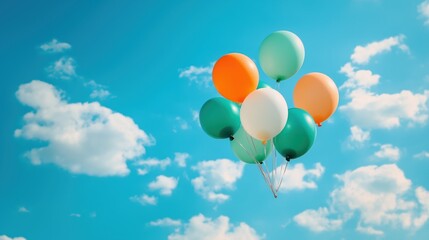 photograph a bunch of colorful balloons floating in the sky. The balloons are of different sizes and colors - orange, green, white, and light green.  