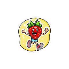 Happy Strawberry Character Running on Yellow Background