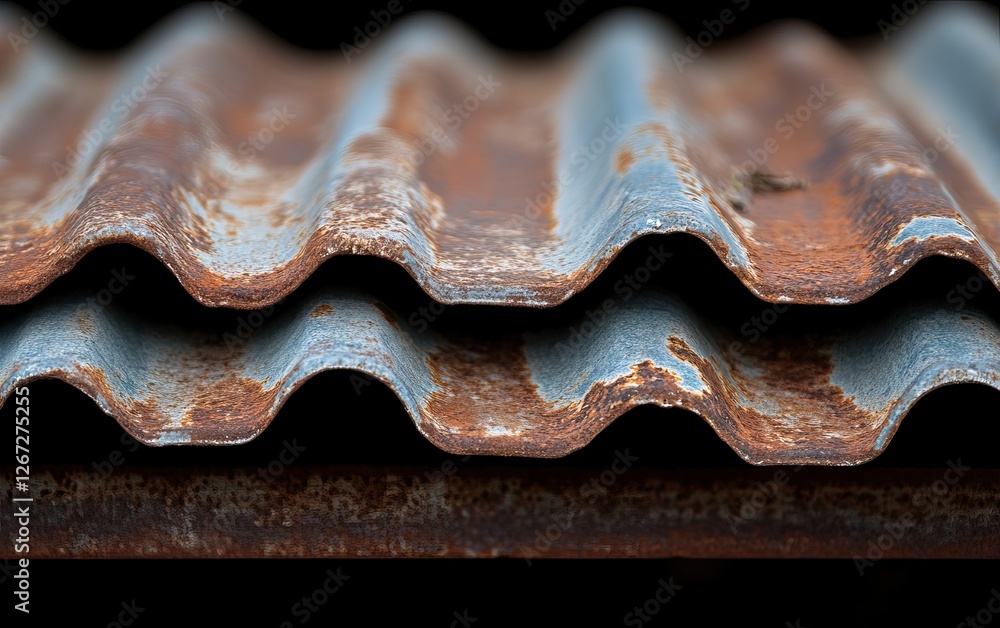 Poster a close-up view of corrugated metal sheets, showcasing rust and texture, emphasizing age and industr