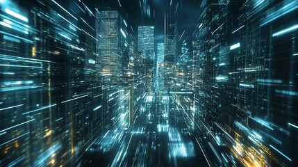 Futuristic Cityscape with Digital Lines and Nighttime Illumination