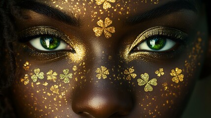 Close-up of a Black womanâ€™s face adorned with Celtic patterns, gold accents, and clover symbols