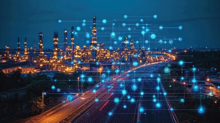 Night industrial complex, digital network overlay, highway, smart city concept, website banner (1)