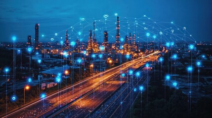 Obraz premium Smart city, nighttime refinery, highway, IoT network, industrial digitalization, data visualization