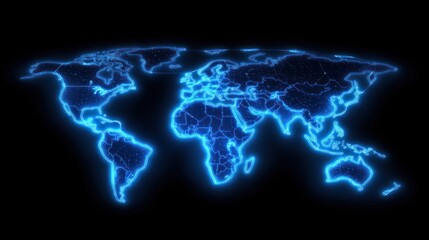 Glowing World Map, Digital, Global Network, Dark Background
