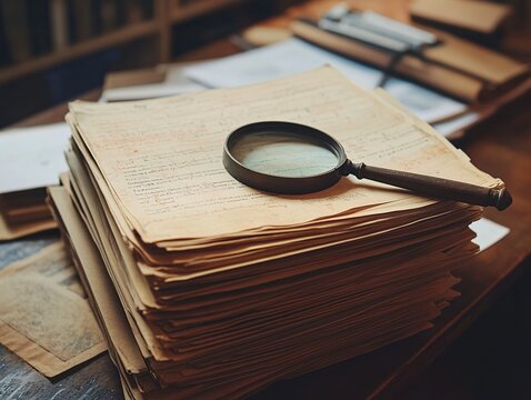 Magnifying Glass Reveals Secrets in Stack of Antique Documents, Unveiling History's Mysteries through Detailed Examination.