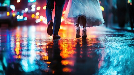 Obraz premium Happy Wedding couple dancing and running in the rain,city night,Young joyful bride and groom emotionally dancing on road,honeymoon and romantic night,valentine,sweet moment,copy space.