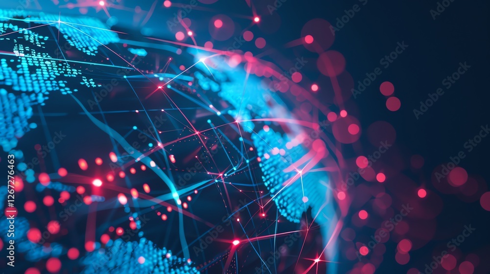 Poster a digital rendering of a glowing blue earth with red lines and dots, symbolizing a network or data c