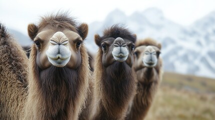 Obraz premium Camels in a row, mountains in the background, outdoors