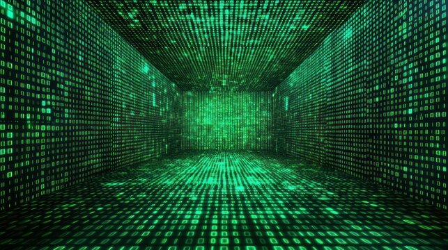 Digital data room, binary code walls, glowing green, future technology, website background