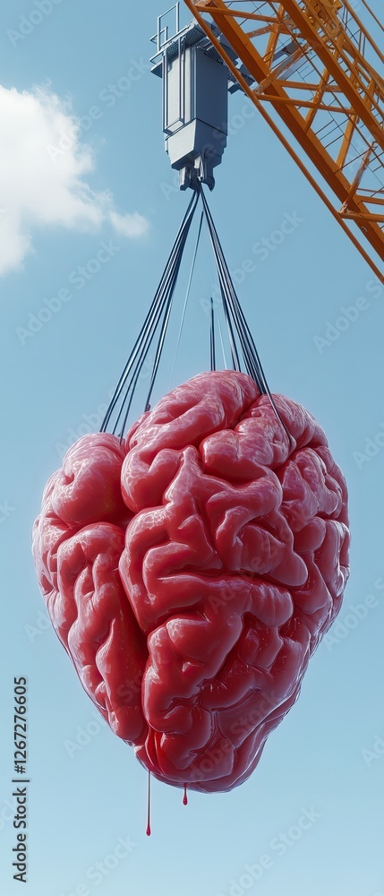 Poster a surreal image of a brain-shaped object being lifted by a crane against a blue sky, merging constru