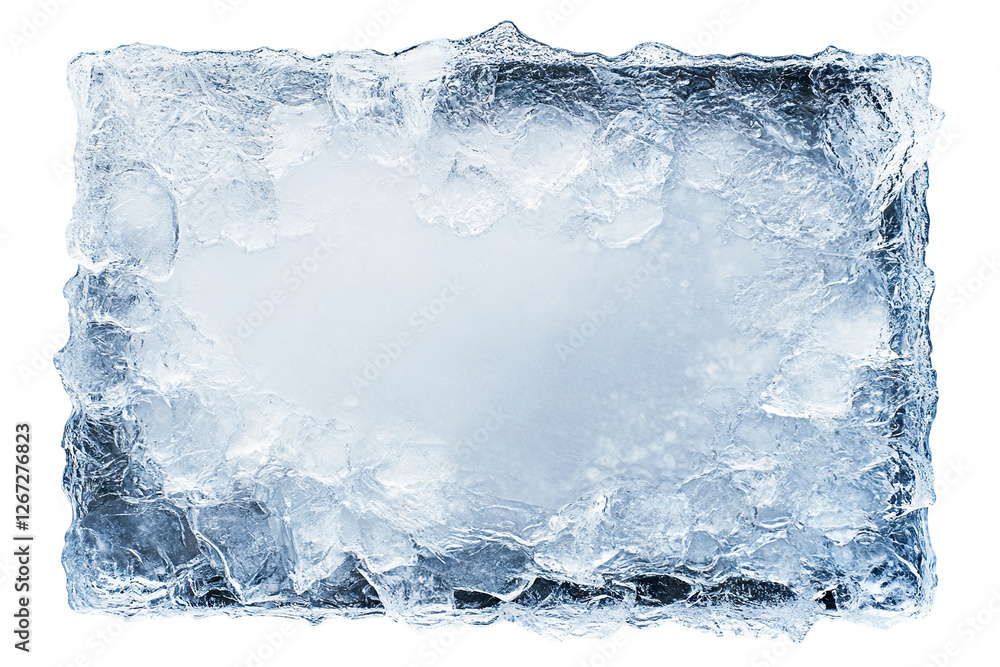 Poster frosted rectangular ice frame with textured edges, isolated on a transparent cutout background
