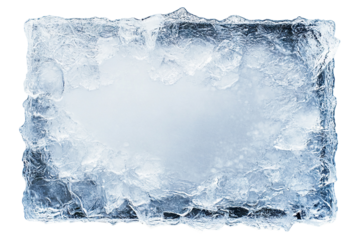 Frosted rectangular ice frame with textured edges, isolated on a transparent cutout background