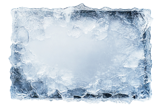 Frosted rectangular ice frame with textured edges, isolated on a transparent cutout background