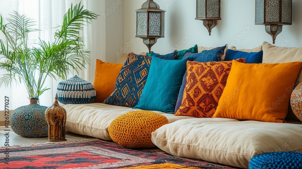 Poster A cozy living room space features a soft sofa decorated with a vibrant array of cushions in various colors and patterns. Beautiful lanterns and textured elements enhance the inviting atmosphere