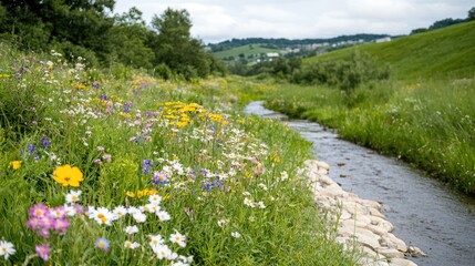 Wildflowers bloom beside creek, hills in background; nature scene
