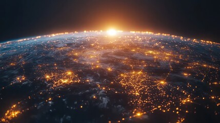 Earthrise sunrise, city lights, global network, space view, background cosmos