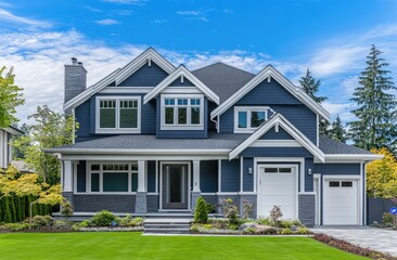 Beautiful modern home exterior with a blue-grey house color and white trim, a beautiful roof, and a garden area