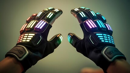 futuristic gaming gloves, Illuminated male gloves with sensory buttons at the fingertips and along the palm, created with generative ai