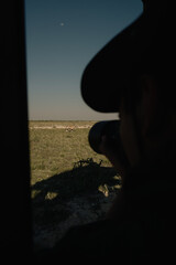 Photographer tourist from the safari car taking the pictures of the beautiful gemsbok walking in...