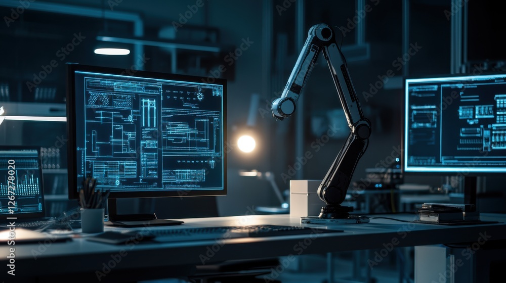 Poster advanced technology workplace with robotic arm and multiple moni