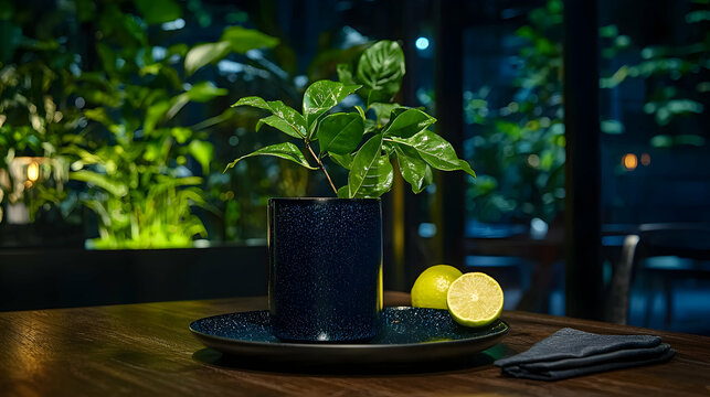 Lush greenery in dark restaurant, lime slices,  table setting.  Use Restaurant menu