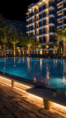 Fototapeta premium Nighttime Poolside Luxury: Illuminated resort pool and modern hotel at night, reflecting city lights in tranquil water. Relaxing atmosphere, luxurious setting.