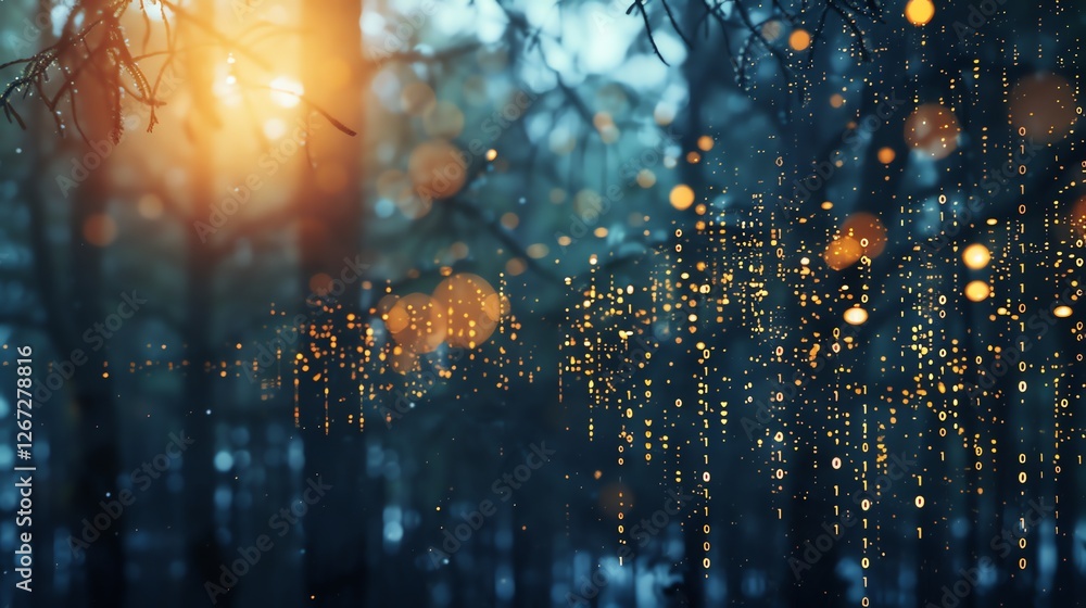 Poster an abstract background with glowing lights, blurred trees, and binary code.