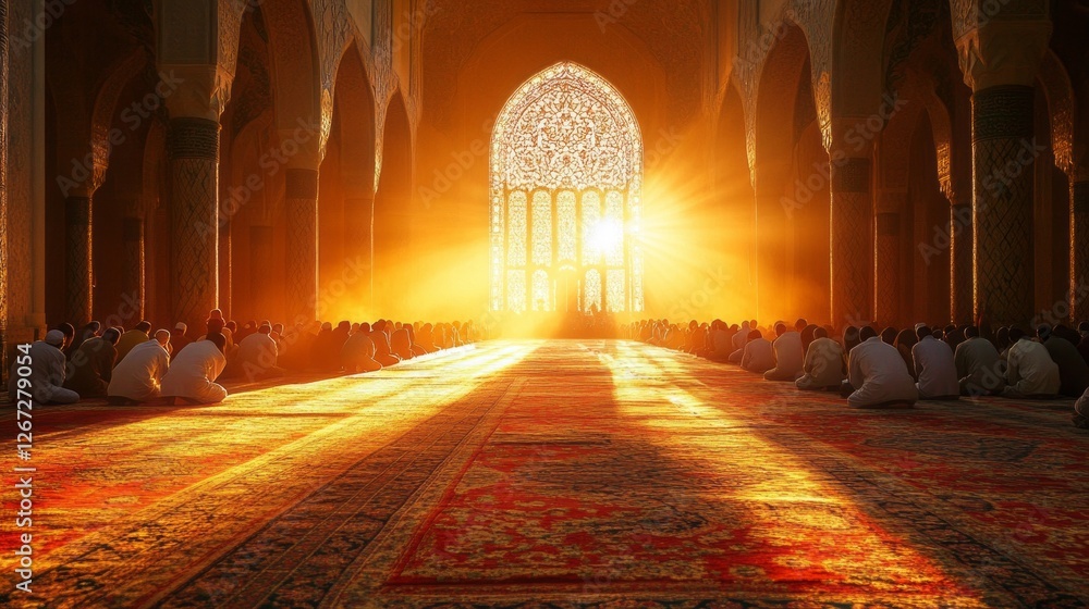 Poster sunlight streams through intricate glass, illuminating a serene space where worshippers kneel in pra