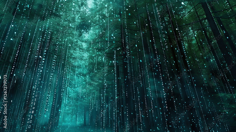 Poster a digital rendering of a forest with glowing blue lines and dots, representing data or code.