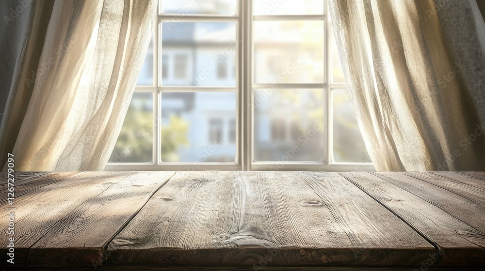 Poster wooden table surface with softly blurred half-curtained window background for product display