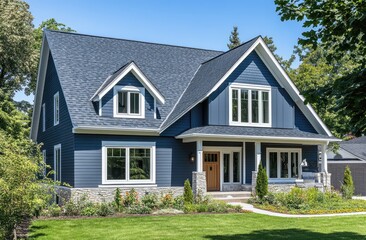 Fototapeta premium Beautiful modern home exterior with a blue-grey house color and white trim, a beautiful roof, and a garden area