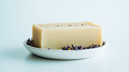 Creamy soap bar rests elegantly on minimalist plate adorned with