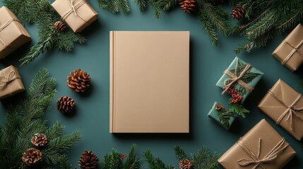 Blank Book Mockup Surrounded By Christmas Gifts And Decorations