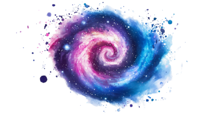 Watercolor Cosmic spiral galaxy with shining core isolated on white or transparent background